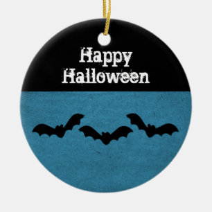 Trio of Bats Halloween Ornament, Dark Blue Ceramic Tree Decoration