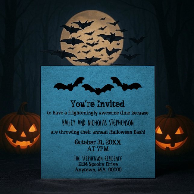 Trio of Bats Halloween Party Invite, Dark Blue Invitation (Blue Trio of Bats Halloween Party Invitation)
