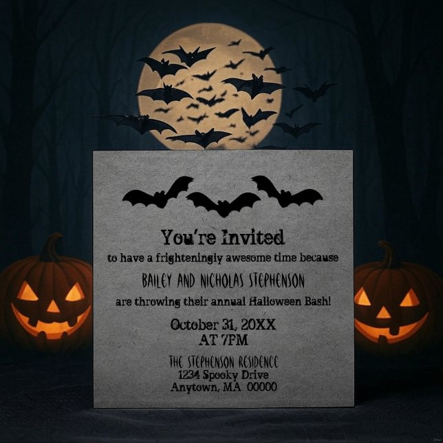 Trio of Bats Halloween Party Invite, Grey Invitation (Gray Trio of Bats Halloween Party Invitation)