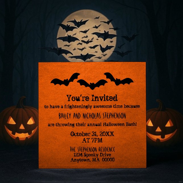 Trio of Bats Halloween Party Invite, Orange Invitation (Orange Trio of Bats Halloween Party Invitation)