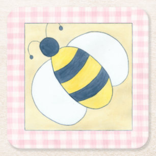 Trio of Bees with Flowers Square Paper Coaster