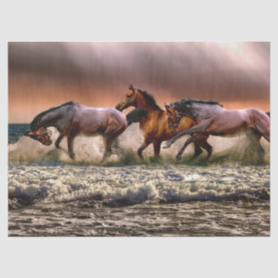 Trio of Horses Running in Surf at Sunset Tissue Paper