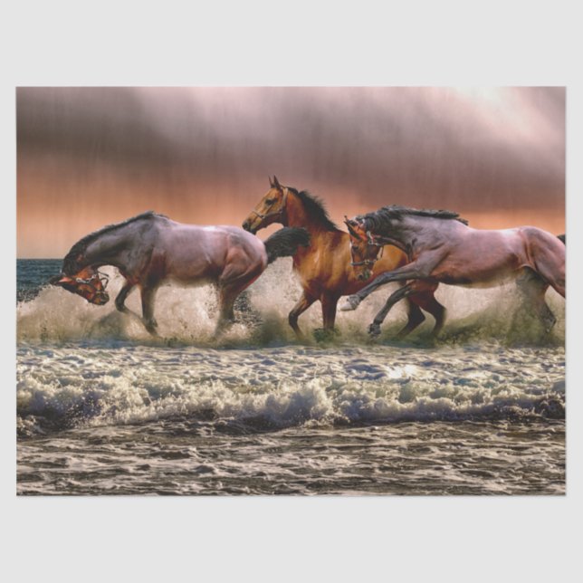 Trio of Horses Running in Surf at Sunset Tissue Paper (Front)