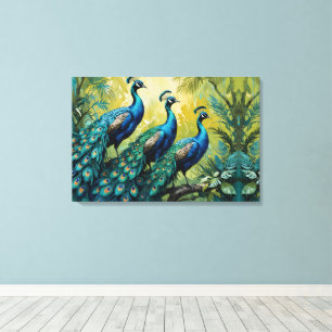 Trio of Peacocks in the jungle forest Canvas Print