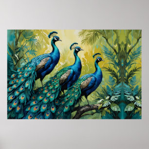 Trio of Peacocks in the jungle forest Poster