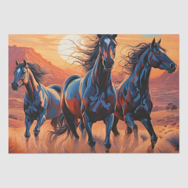 Trio of wild horses in the desert at Sunset  Tissue Paper (Front)