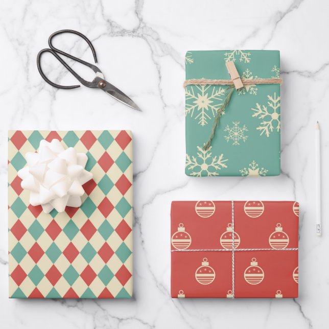 Trio Retro Christmas Wrapping Paper Sheets (Front)