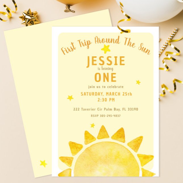 Trip Around the Sun 1st Birthday Invite Yellow (Creator Uploaded)