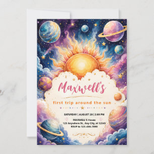 Trip Around the Sun Watercolor Boy 1st Birthday Invitation