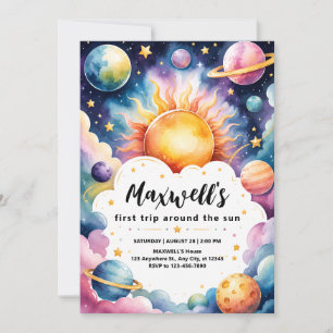 Trip Around the Sun Watercolor Boy 1st Birthday Invitation