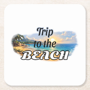 Trip to the Beach Tropical Sunset Escape Design Square Paper Coaster
