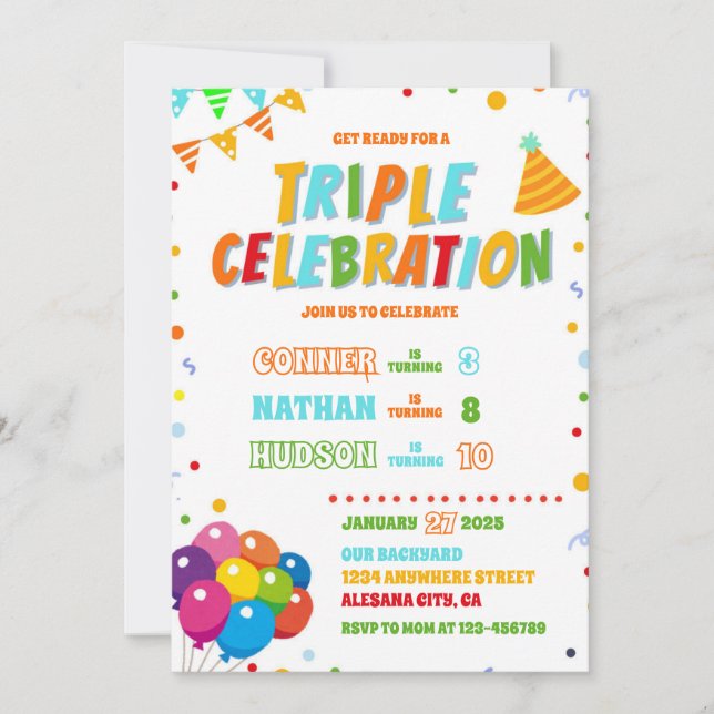 Triple Birthday Invitation Sibling Joint Party (Front)