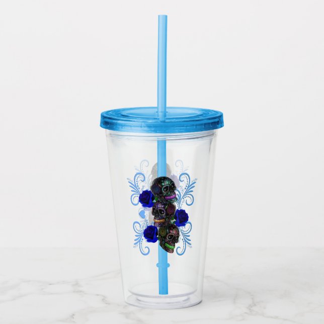Triple Black Day Of The Dead Skulls Blue Roses Acrylic Tumbler (Front)