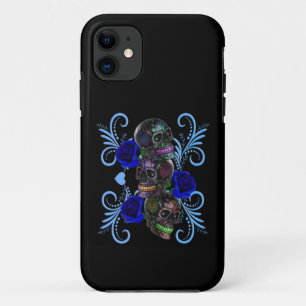 Triple Black Day Of The Dead Skulls Blue Roses Case-Mate iPhone Case