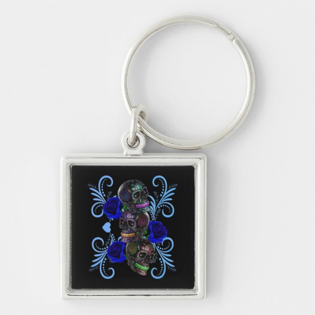Triple Black Day Of The Dead Skulls Blue Roses Key Ring (Front)
