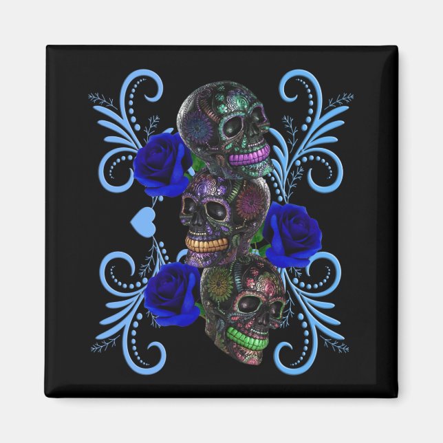 Triple Black Day Of The Dead Skulls Blue Roses Magnet (Front)