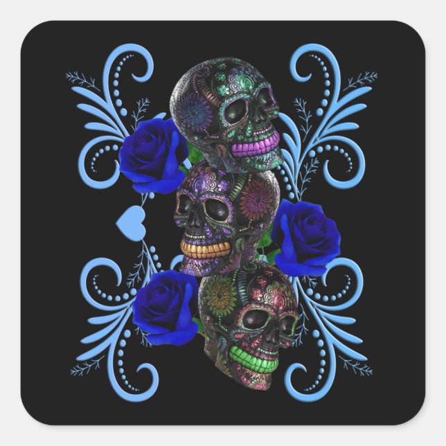 Triple Black Day Of The Dead Skulls Blue Roses Square Sticker (Front)