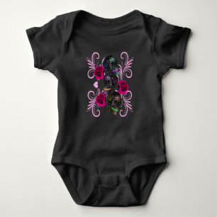 Triple Black Day Of The Dead Skulls Pink Roses Baby Bodysuit