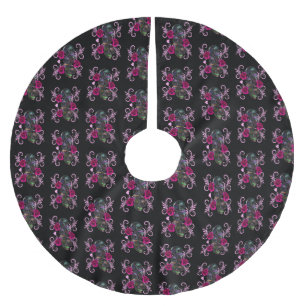 Triple Black Day Of The Dead Skulls Pink Roses Brushed Polyester Tree Skirt