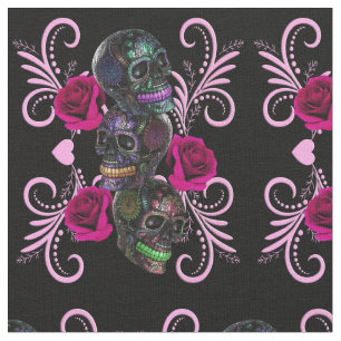 Triple Black Day Of The Dead Skulls Pink Roses Fabric