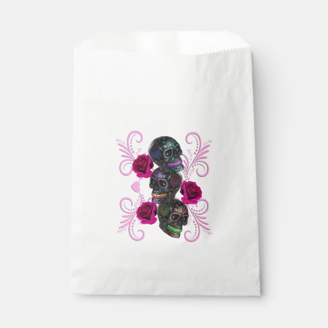 Triple Black Day Of The Dead Skulls Pink Roses Favour Bags (Front)