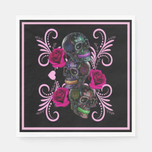 Triple Black Day Of The Dead Skulls Pink Roses Napkin