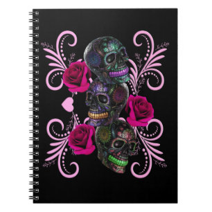 Triple Black Day Of The Dead Skulls Pink Roses Notebook