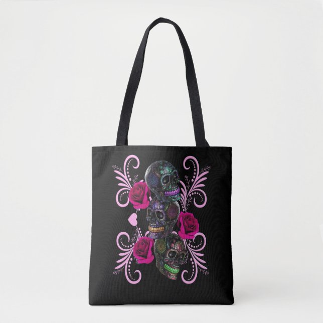 Triple Black Day Of The Dead Skulls Pink Roses Tote Bag (Front)