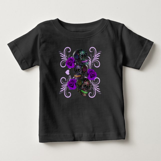 Triple Black Day Of The Dead Skulls Purple Roses Baby T-Shirt (Front)