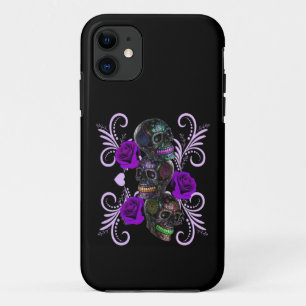 Triple Black Day Of The Dead Skulls Purple Roses Case-Mate iPhone Case