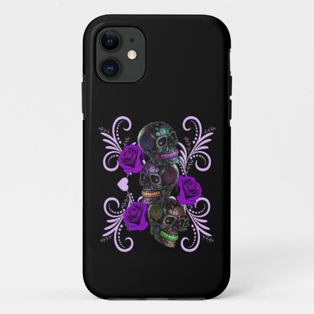 Triple Black Day Of The Dead Skulls Purple Roses Case-Mate iPhone Case (Back)