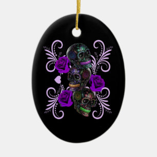 Triple Black Day Of The Dead Skulls Purple Roses Ceramic Tree Decoration