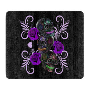 Triple Black Day Of The Dead Skulls Purple Roses Cutting Board