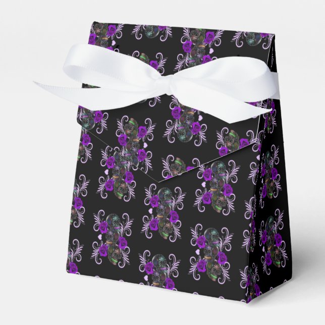 Triple Black Day Of The Dead Skulls Purple Roses Favour Box (Front Side)