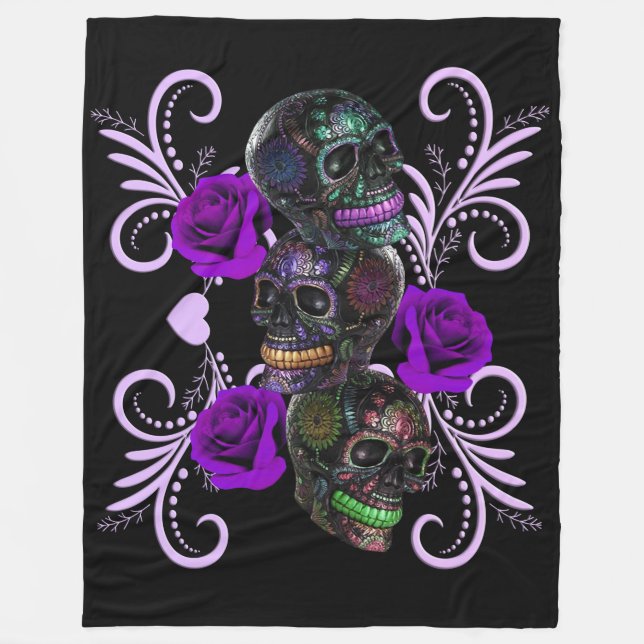 Triple Black Day Of The Dead Skulls Purple Roses Fleece Blanket (Front)