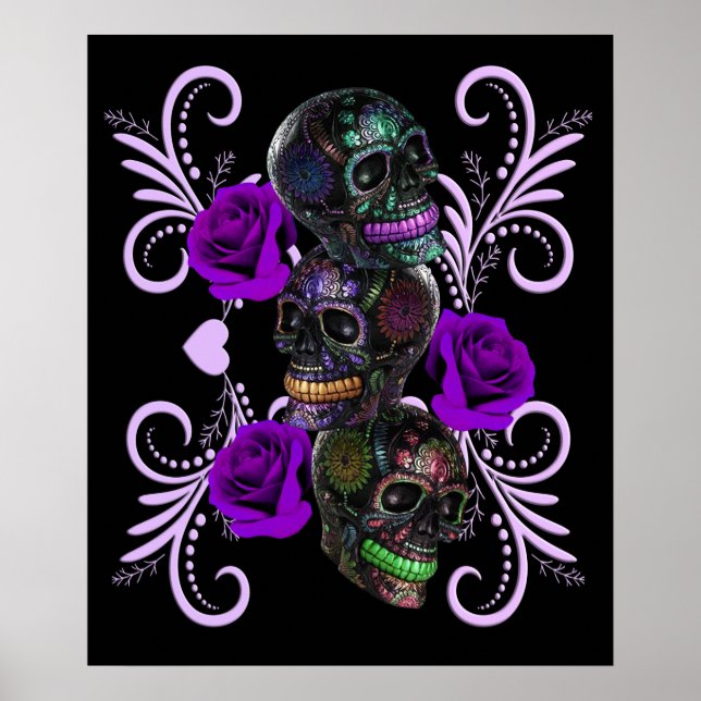 Triple Black Day Of The Dead Skulls Purple Roses Poster (Front)