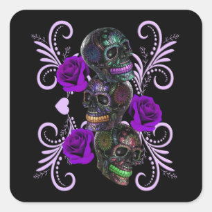 Triple Black Day Of The Dead Skulls Purple Roses Square Sticker