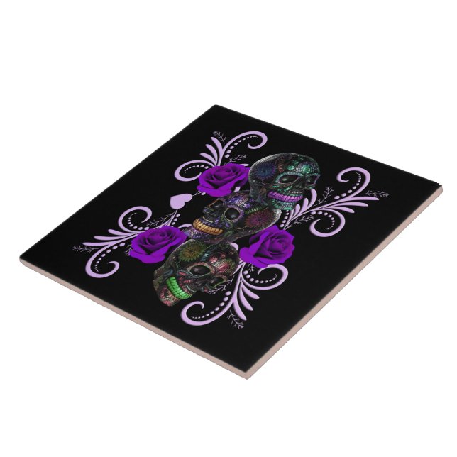 Triple Black Day Of The Dead Skulls Purple Roses Tile (Side)