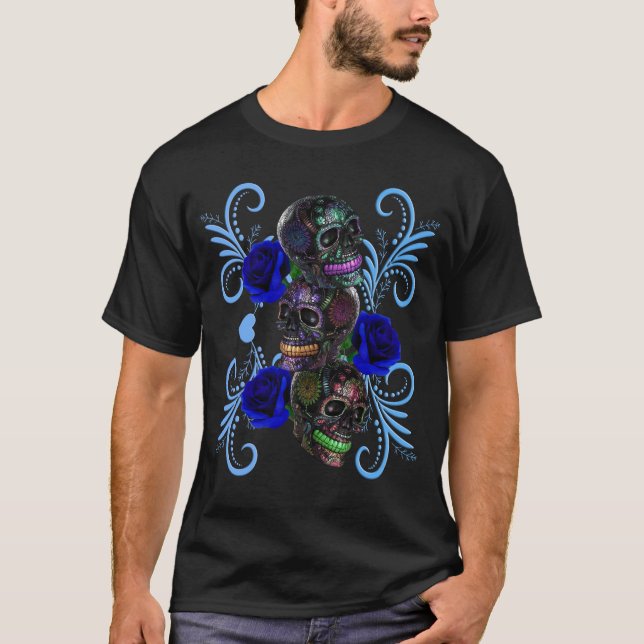 Triple Black Day Of The Dead Skulls With Blue Rose T-Shirt (Front)