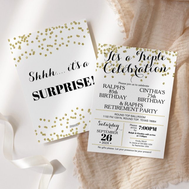 Triple Celebration Confetti Faux Gold Invitation (Creator Uploaded)