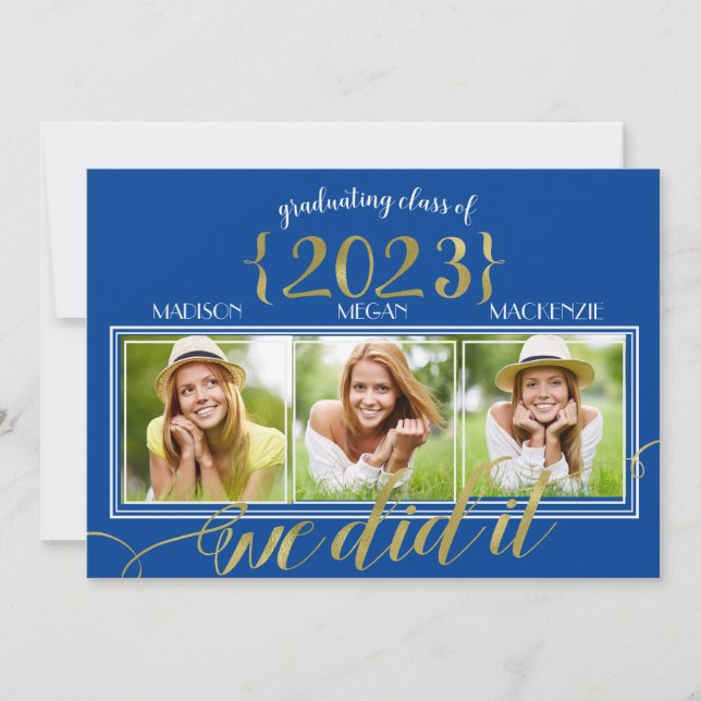 Triple CUSTOM COLOR Gold Frame Graduate Photo Card (Front)