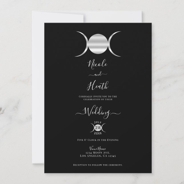 Triple Goddess Moon Cycle Silver & Black Wedding  Invitation (Front)