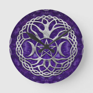 Triple Goddess with pentagram and tree of life Round Clock