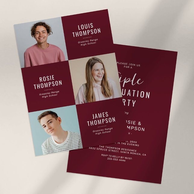 Triple Grad 3 Photo Burgundy Graduation Party Invitation (Creator Uploaded)