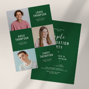 Triple Grad 3 Photo Green Graduation Party Invitation
