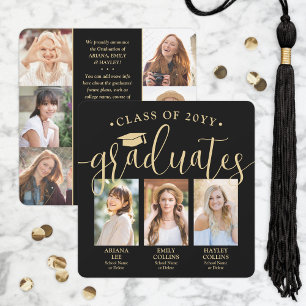 Triple Graduation Photo Collage Black & Gold Joint Announcement