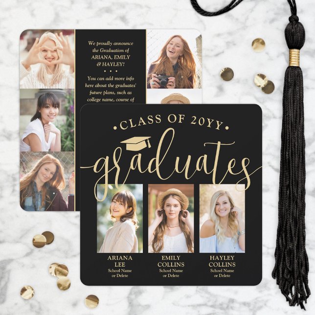Triple Graduation Photo Collage Black & Gold Joint Announcement (Creator Uploaded)