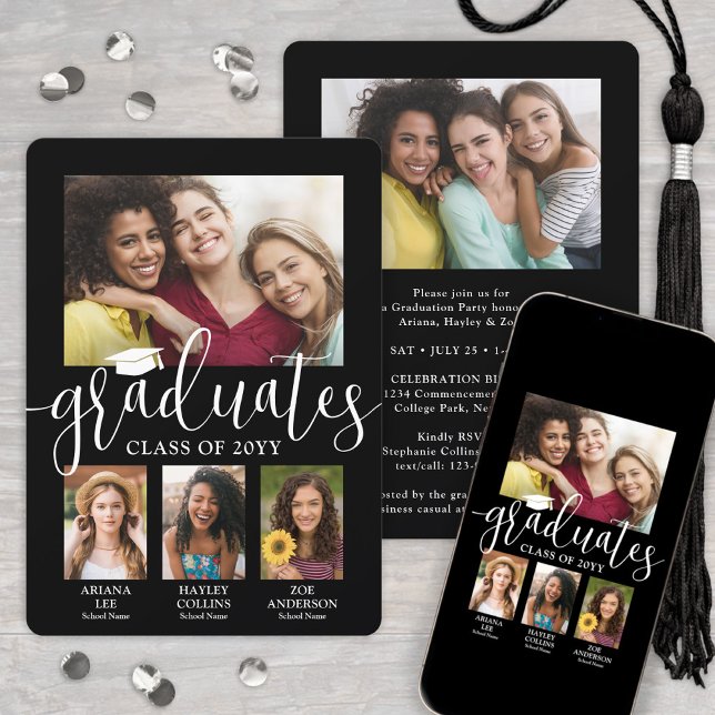 Triple Graduation Photo Collage Black White Joint Announcement (Creator Uploaded)