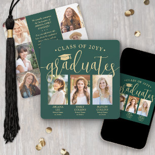 Triple Graduation Photo Collage Green & Gold Joint Announcement