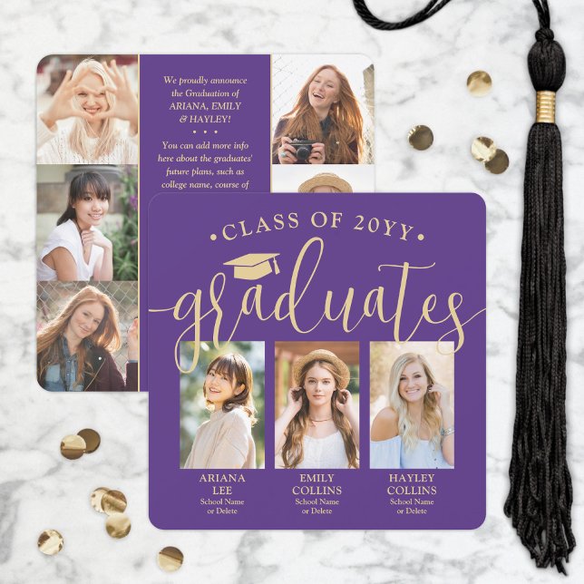 Triple Graduation Photo Collage Purple Gold Joint Announcement (Creator Uploaded)
